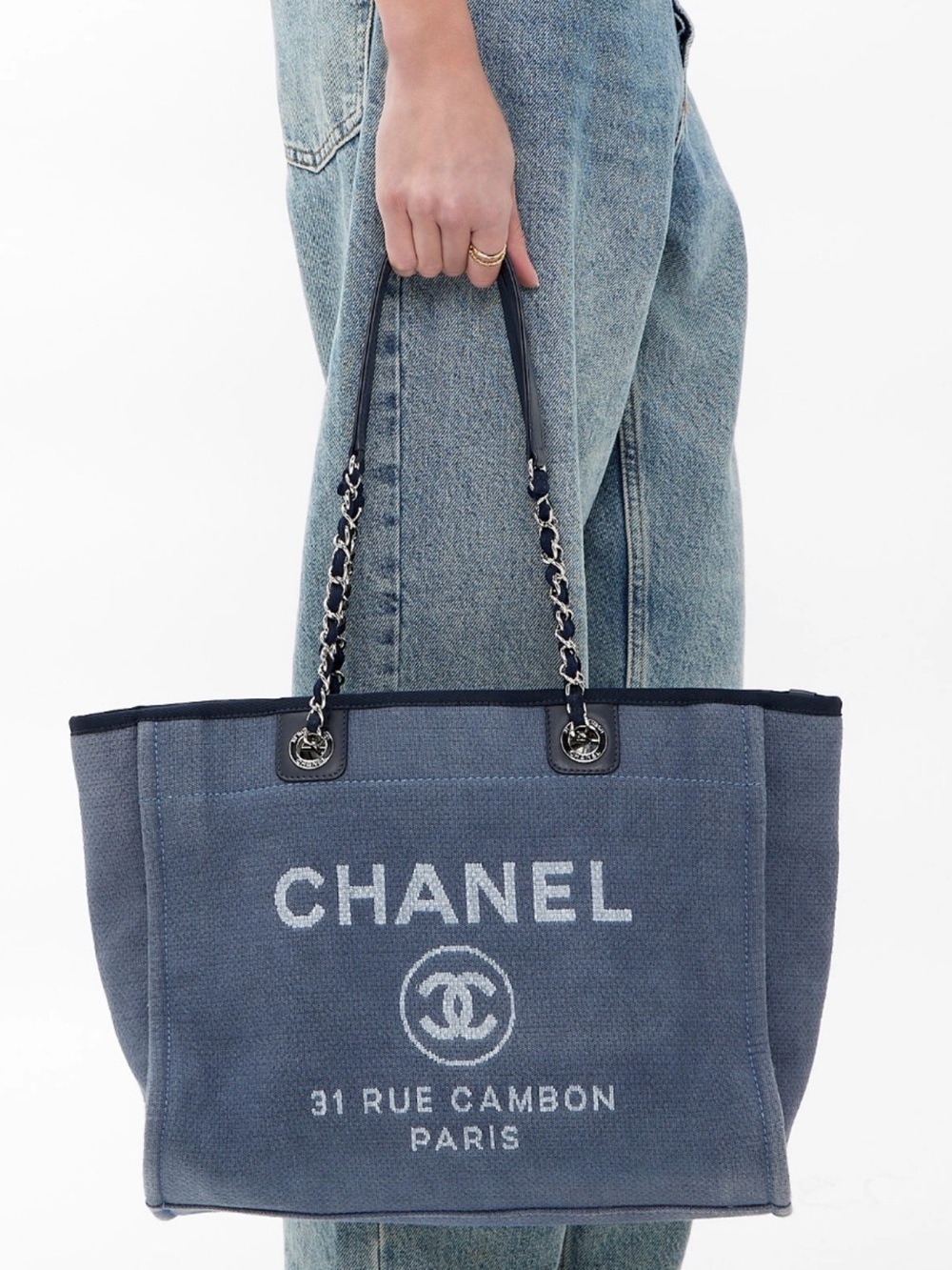 CHANEL Deauville Dark Denim & Navy Leather MM Tote Sticker #17 2012-13 GHW COA - Picture 3 of 17